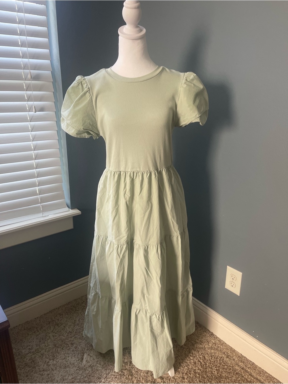 BTFBM Sage Green Ribbed Knit Puff Sleeve Tiered Midi Dress Medium Pockets